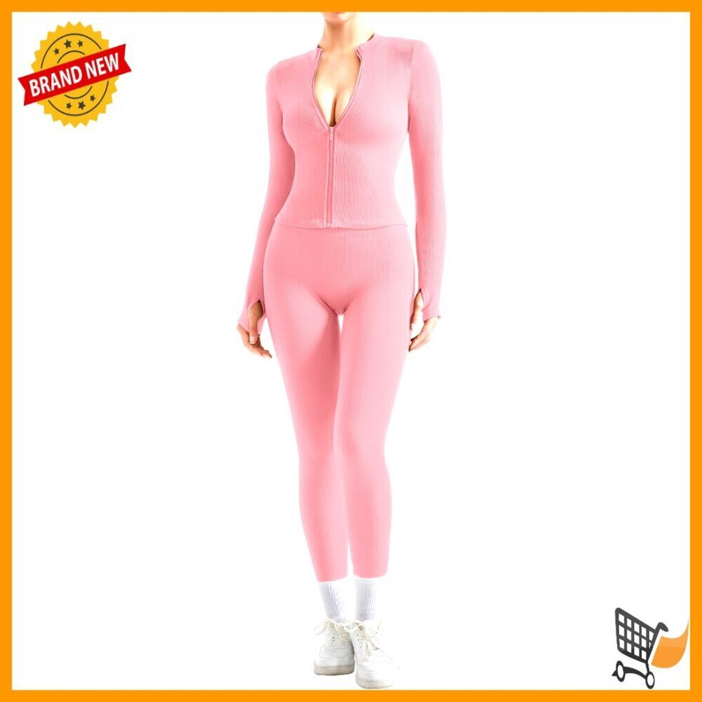 Seamless Ribbed Workout Set Zip Jacket High Waisted Leggings Gym Yoga